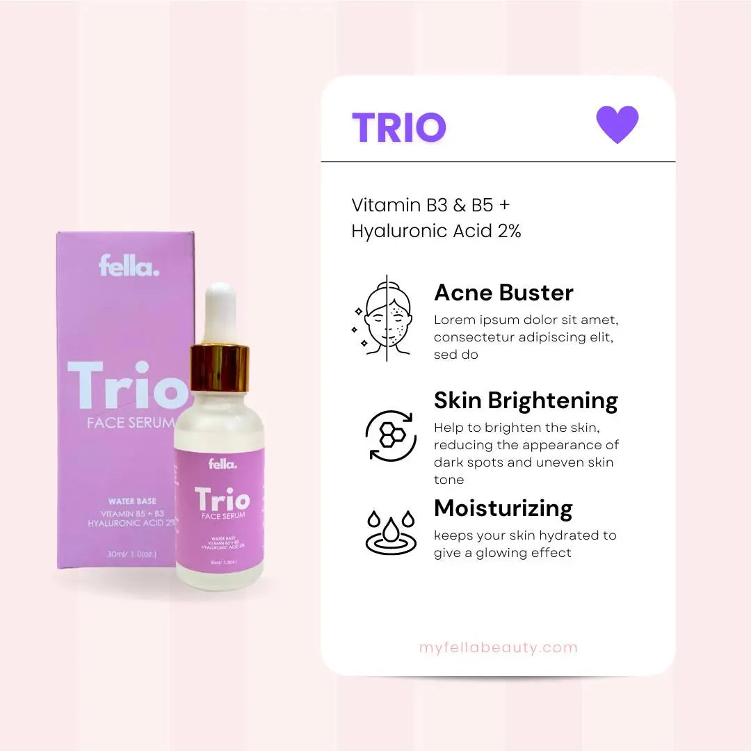 TRIO Face Serum Hayaluronic Acid 2% Hydrate skin Minimize pores - Niacinamide Vit B5 FELLA BEAUTY